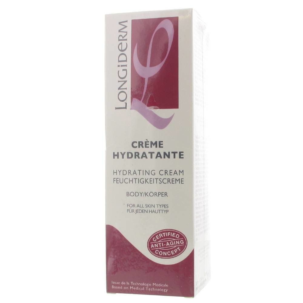 Emballage en carton avec informations produit. Inscriptions: Longiderm, Crème Hydratante, Hydrating Cream, Feuchtigkeitscreme, Body/Körper.