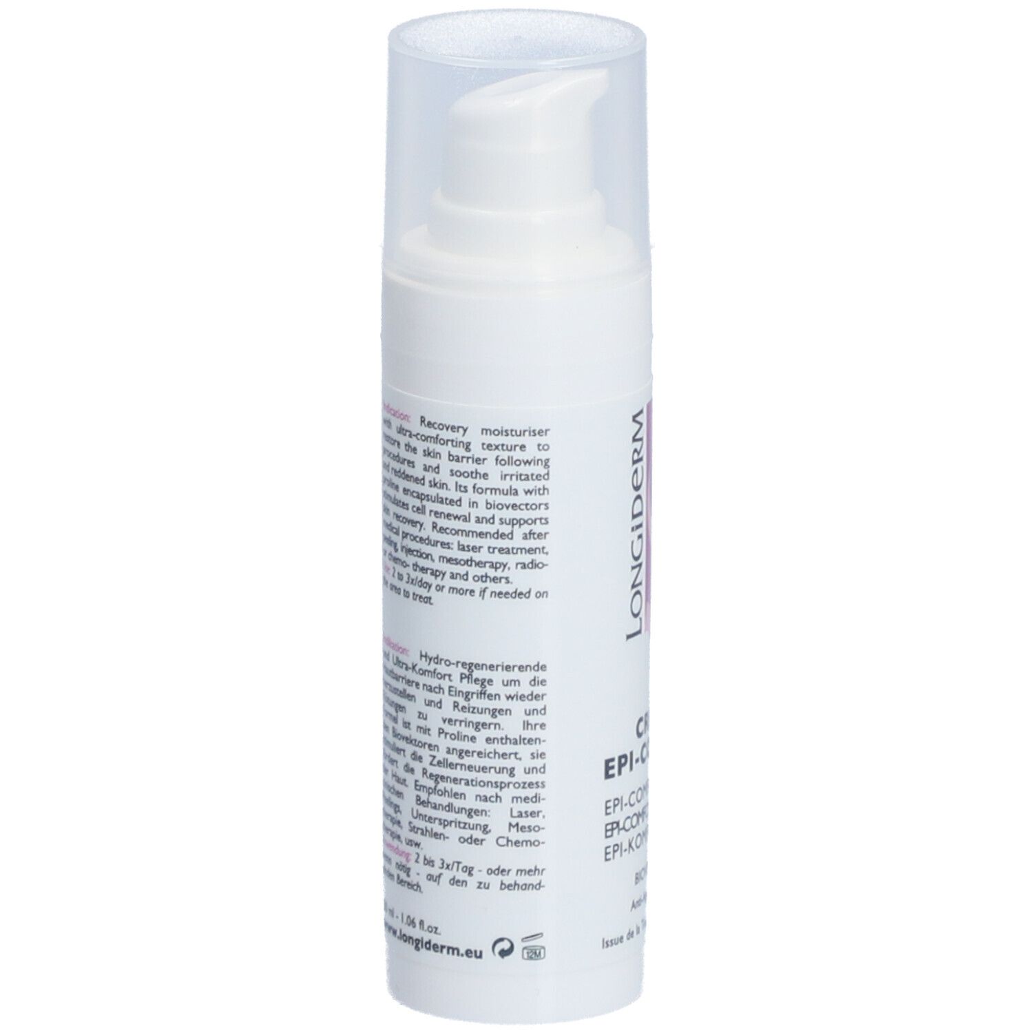 Flacon blanc de crème. Inscription: LONGIDERM, CRÈME EPI-CONFORT. Texte au dos. Bouchon transparent.