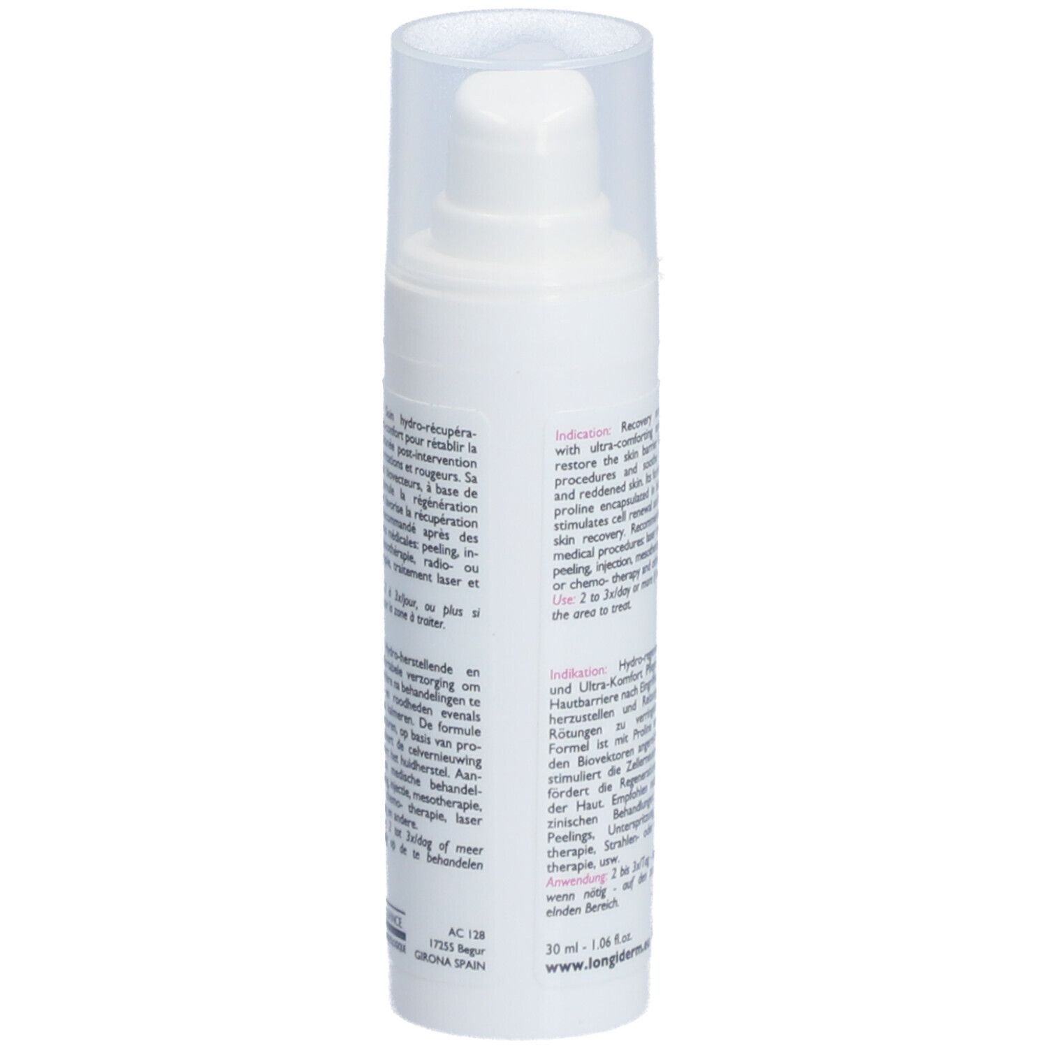 Flacon blanc de crème. Inscription: LONGIDERM, CRÈME EPI-CONFORT. Texte au dos. Bouchon transparent.