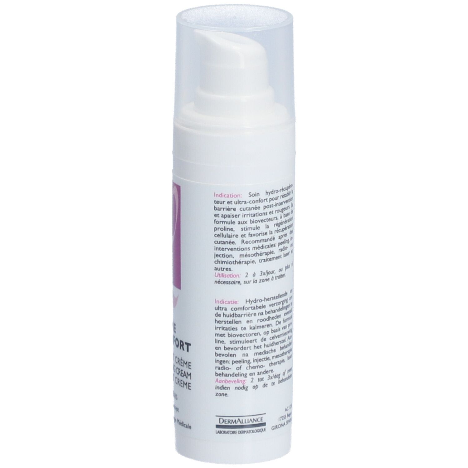Flacon blanc de crème. Inscription: LONGIDERM, CRÈME EPI-CONFORT. Texte au dos. Bouchon transparent.