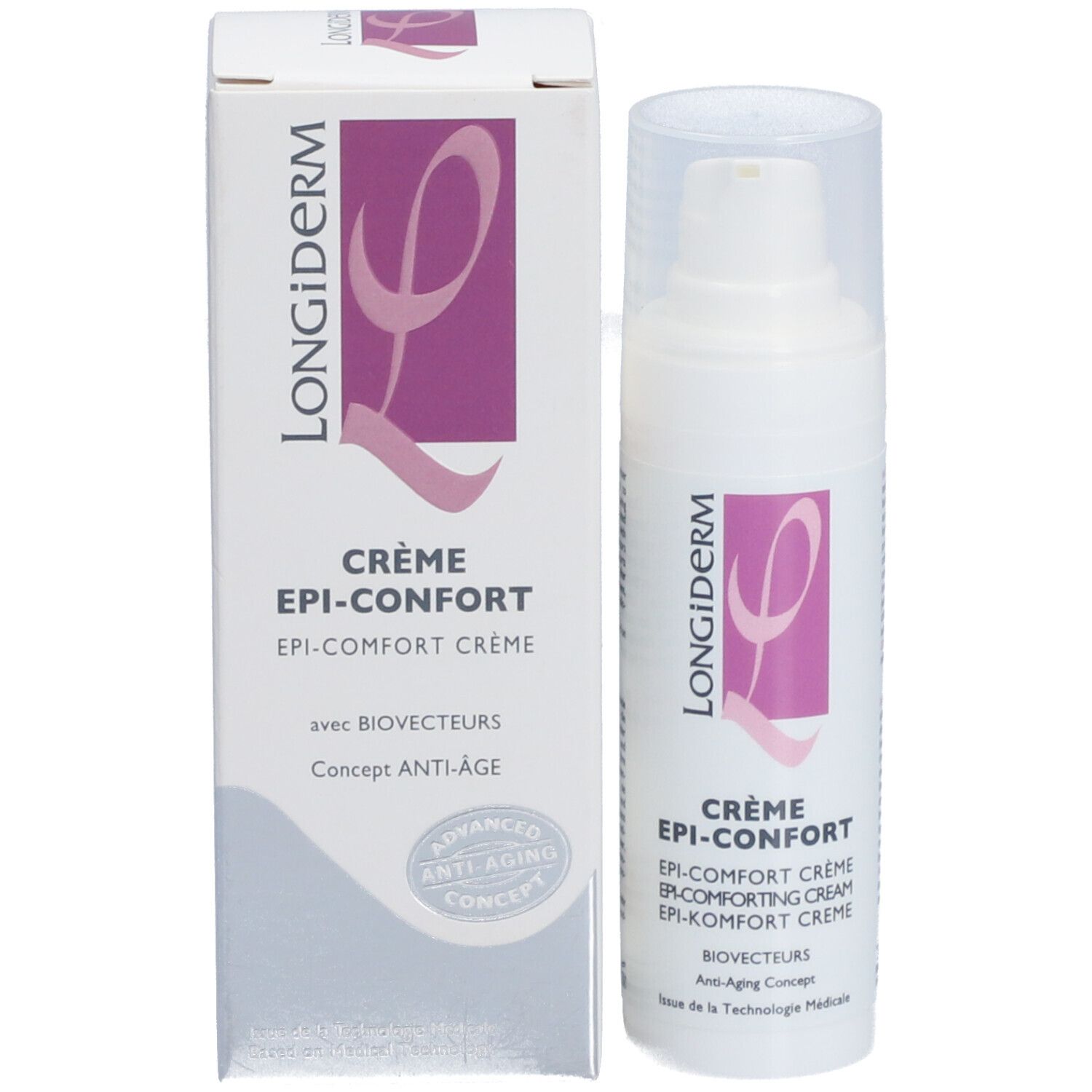 Flacon de crème et boîte. Inscription: LONGIDERM, CRÈME EPI-CONFORT. Avec pompe doseuse et bouchon transparent.