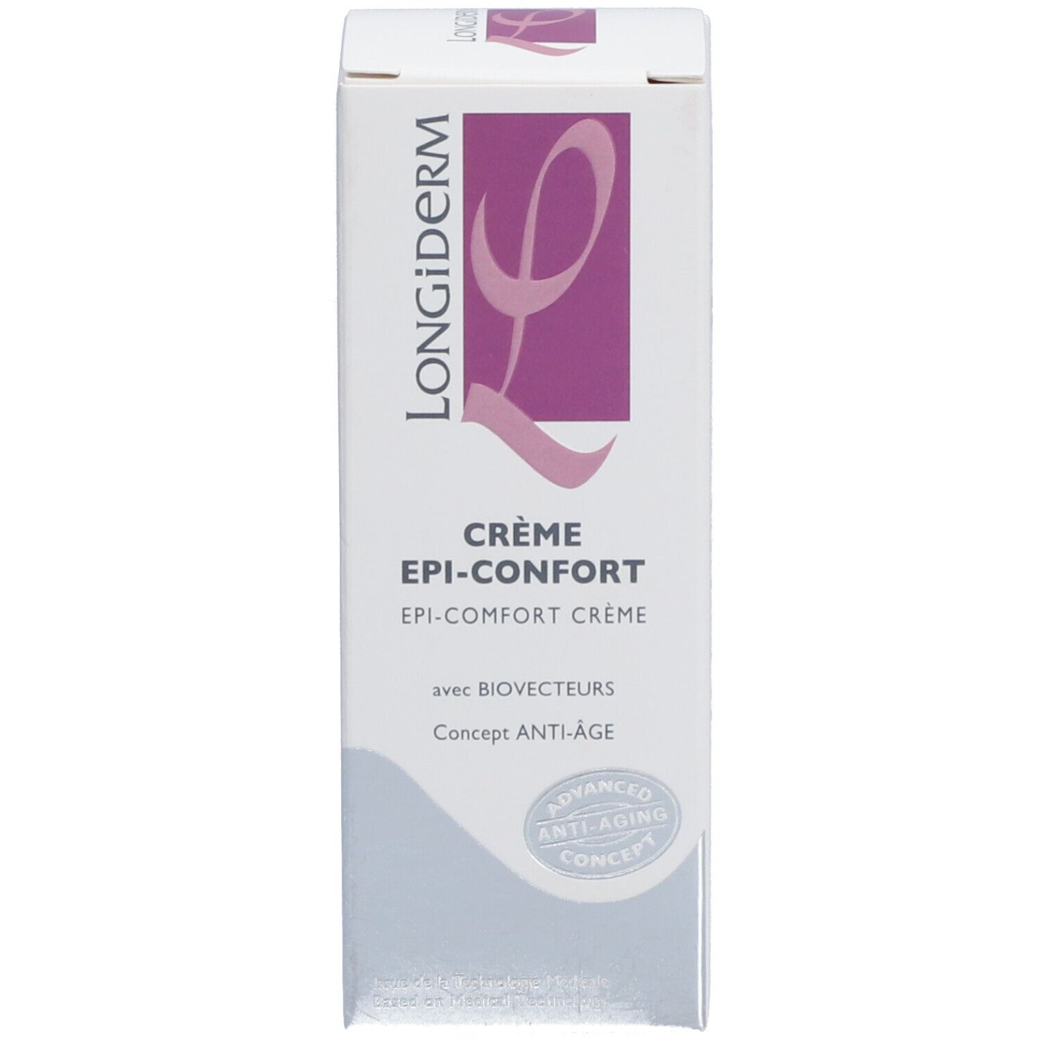 Boîte de crème. Inscription: LONGIDERM, CRÈME EPI-CONFORT. Avec logo et texte.