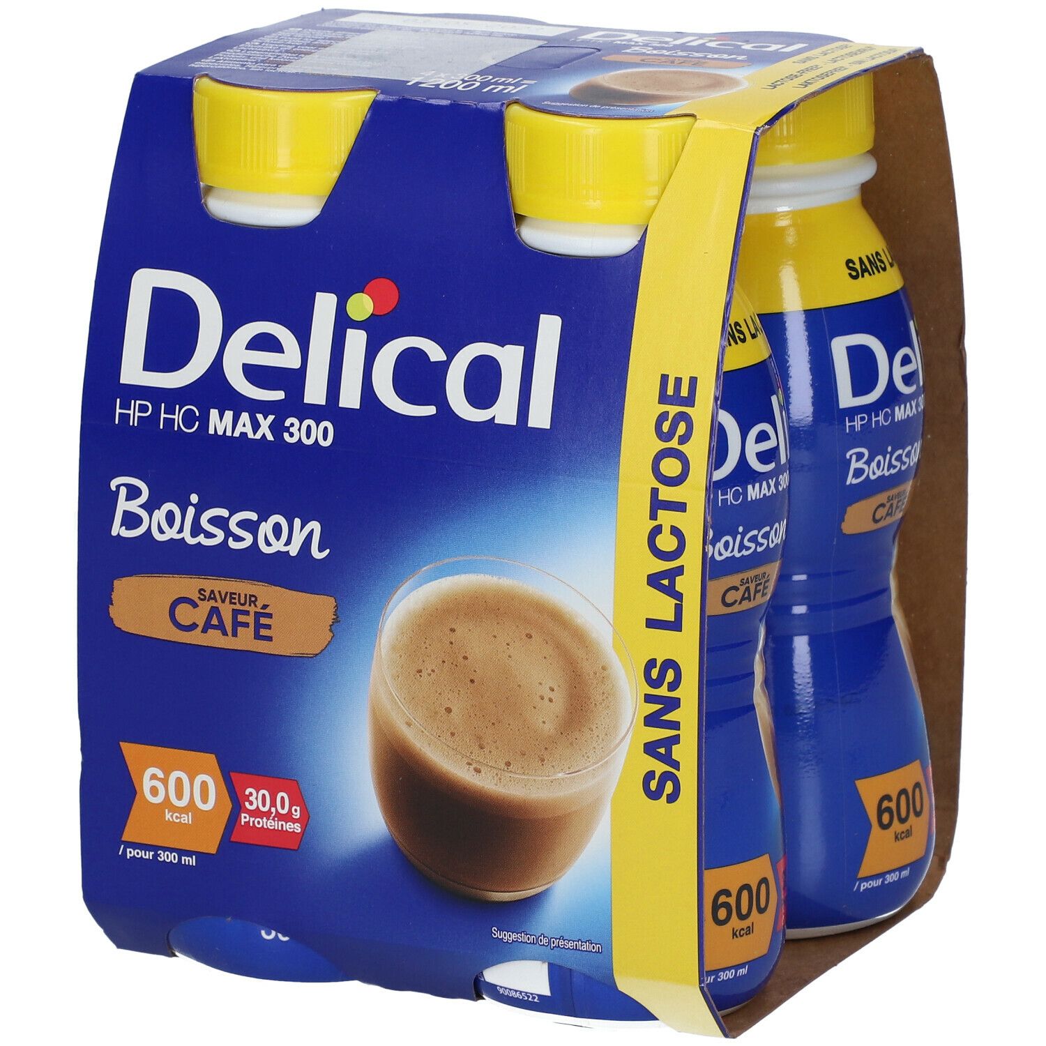 Verpakking van vier flessen. Blauwe flessen met gele doppen. Opschrift: Delical HP HC MAX 300, Boisson, Café. 600 kcal, 30,0g eiwitten.