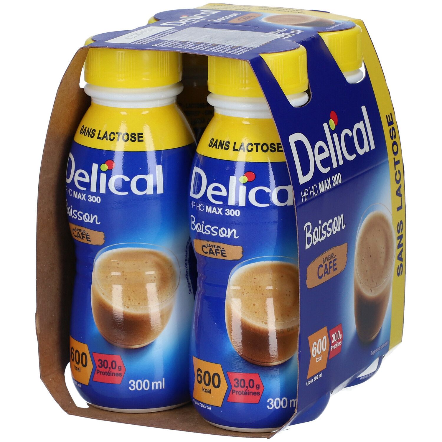 Verpakking van twee flessen. Blauwe flessen met gele doppen. Opschrift: Delical HP HC MAX 300, Boisson, Café. 600 kcal, 30,0g eiwitten.