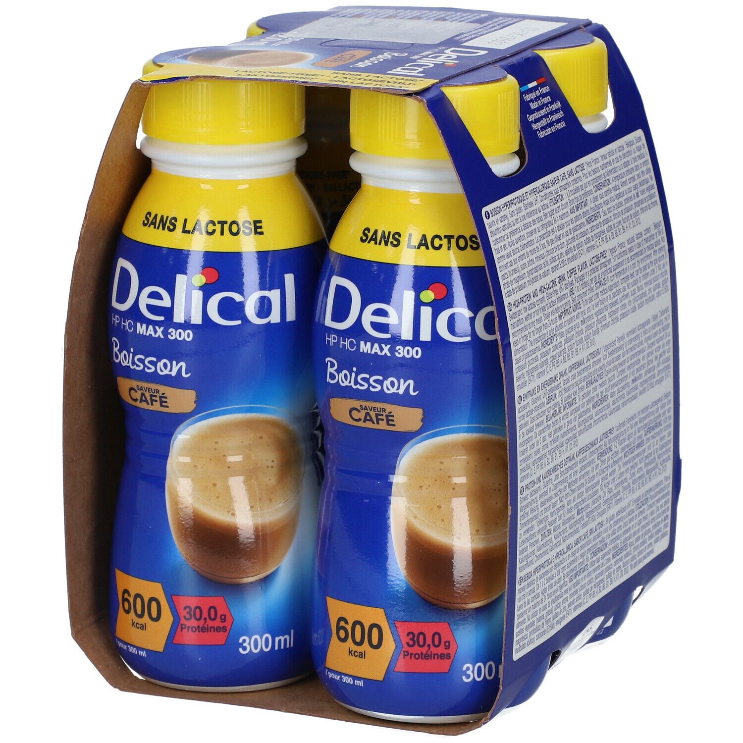 Verpakking van twee flessen. Blauwe flessen met gele doppen. Opschrift: Delical HP HC MAX 300, Boisson, Café. 600 kcal, 30,0g eiwitten.