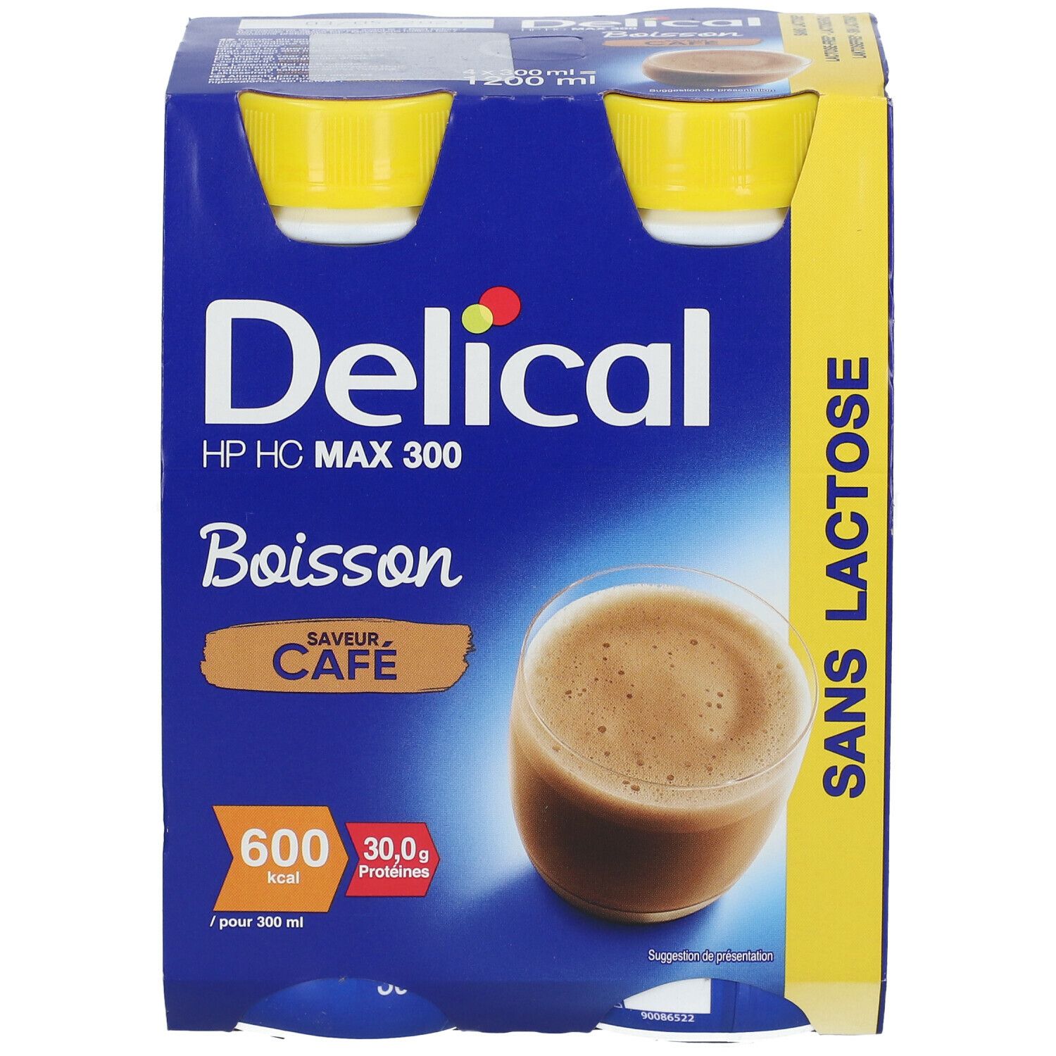 Verpakking van vier flessen. Blauwe flessen met gele doppen. Opschrift: Delical HP HC MAX 300, Boisson, Café. 600 kcal, 30,0g eiwitten.