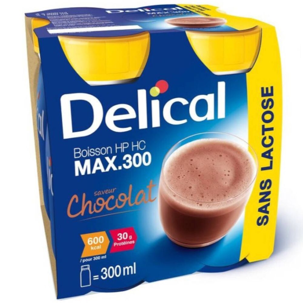 Emballage de Delical Max 300 Chocolat. Emballage bleu avec des accents jaunes. Contient un verre de boisson au chocolat.