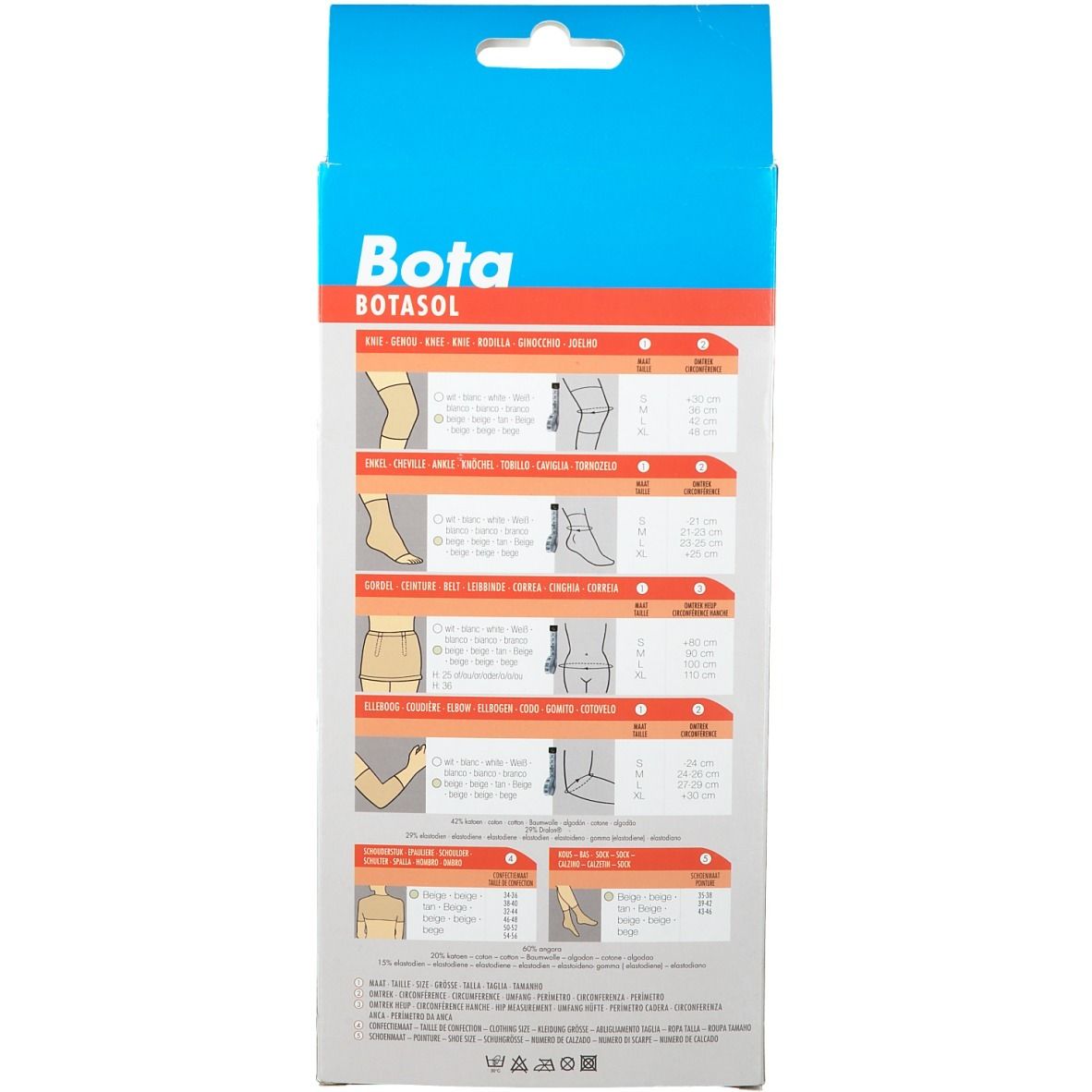 Rückseite der Bota Botasol Schulterpolster Natur Verpackung. Größenangaben und Produktinformationen in verschiedenen Sprachen.