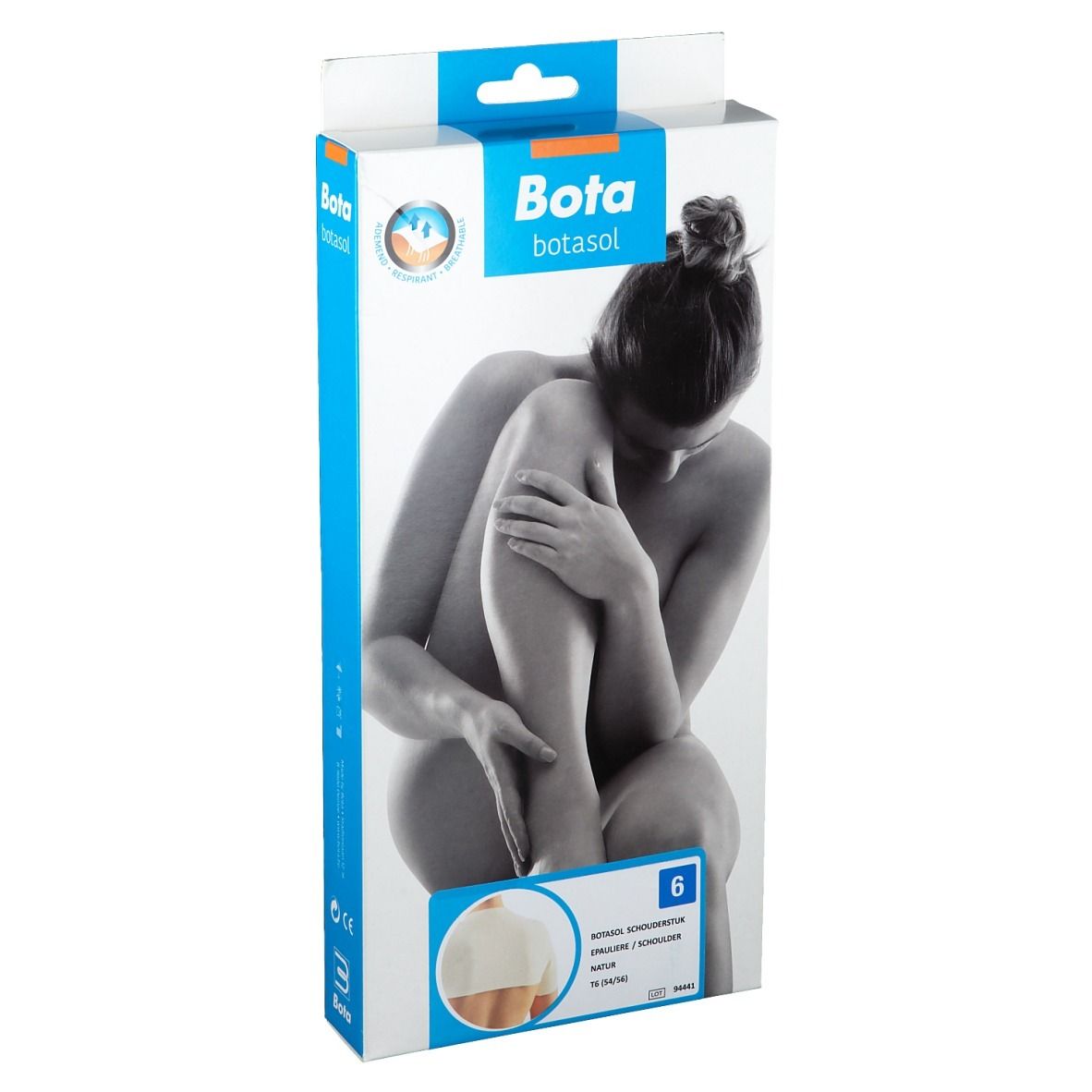 Verpackung BOTA Schulterbandage Gr. 6. Frau sitzt, Bandage am Körper. Logo und Produktbezeichnung sichtbar.