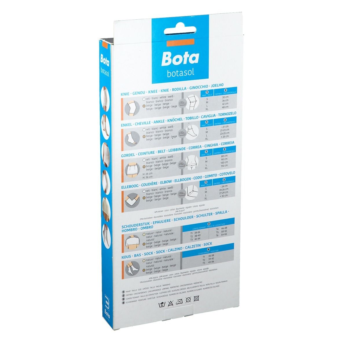 Rückseite der BOTA Schulterbandage Gr. 6 Verpackung. Tabellen mit Größenangaben für verschiedene Körperbereiche.