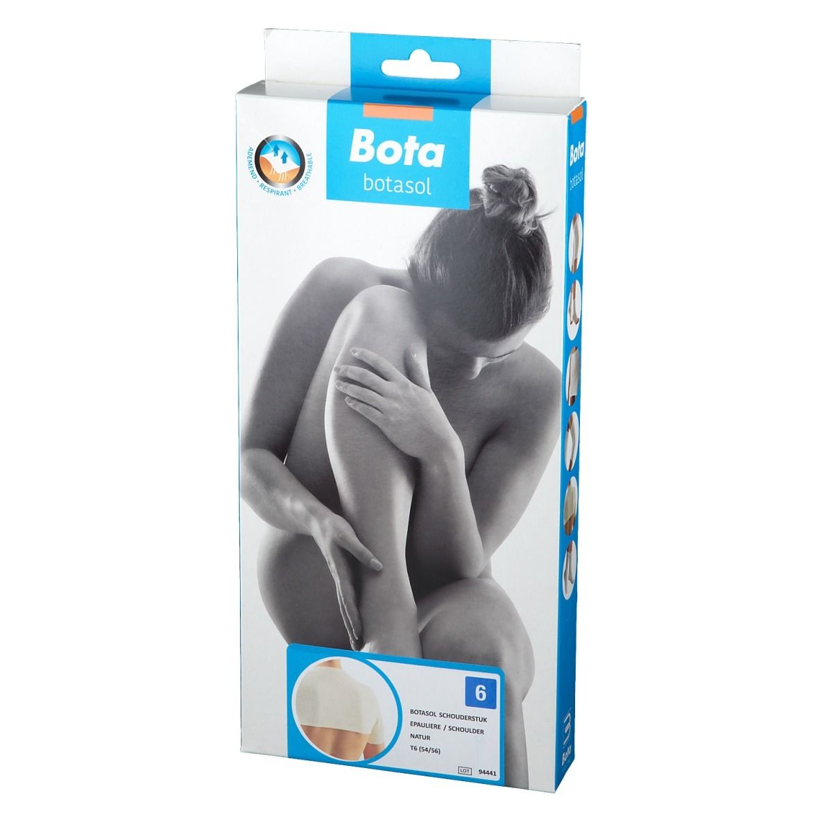 Verpackung BOTA Schulterbandage Gr. 6. Frau sitzt, Bandage am Körper. Logo und Produktbezeichnung sichtbar.