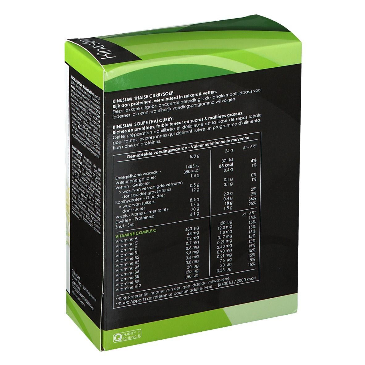 Dos de la boîte Kineslim. Informations nutritionnelles et informations. Label de qualité suisse.