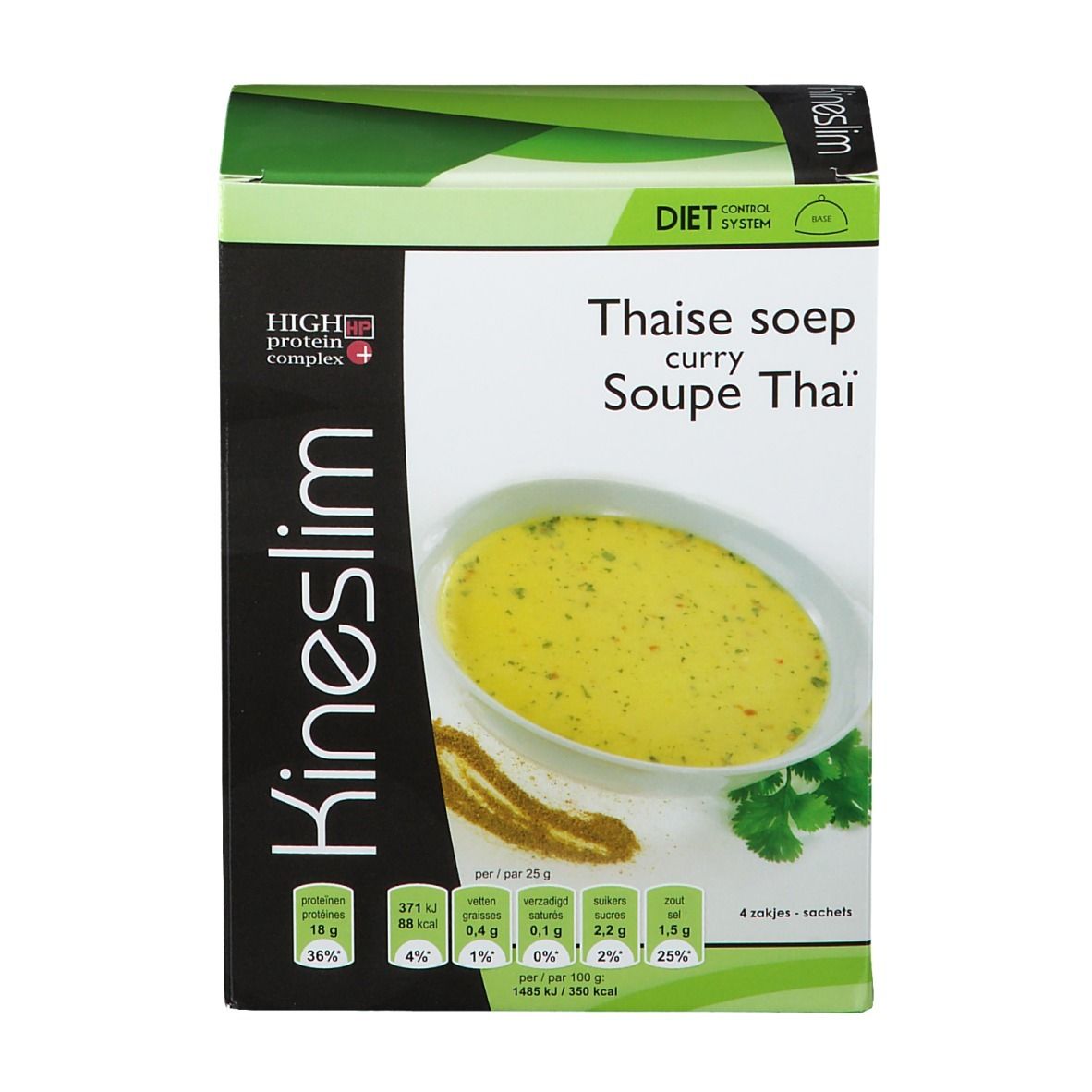 Boîte Kineslim. Inscription: Thaisoep curry Soupe Thaï. Contient 4 sachets. Label de qualité suisse.