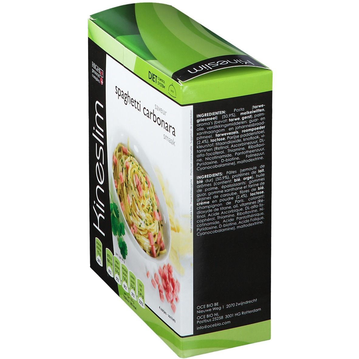 Boîte Kineslim Spaghetti Carbonara. Boîte verte et blanche avec photo du produit et liste des ingrédients. Logo diététique.