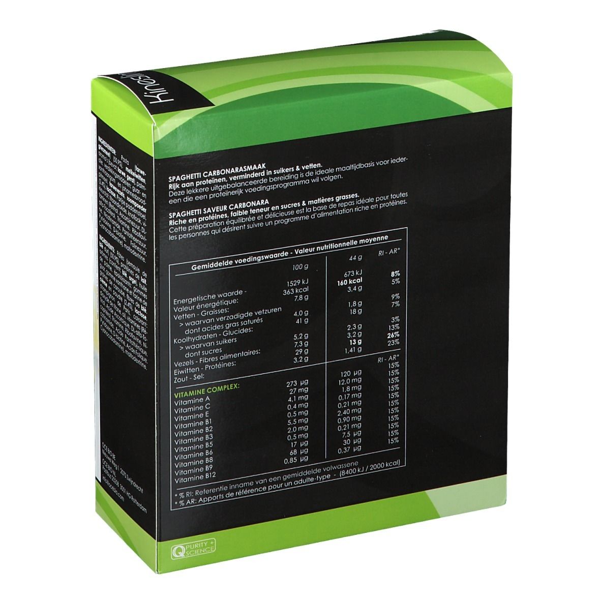 Dos de la boîte Kineslim. Contient des informations nutritionnelles et sur le complexe vitaminique. Fond noir.