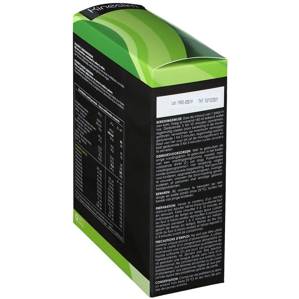 Vue latérale de la boîte Kineslim. Contient des instructions de préparation et une date de péremption. Fond vert et noir.