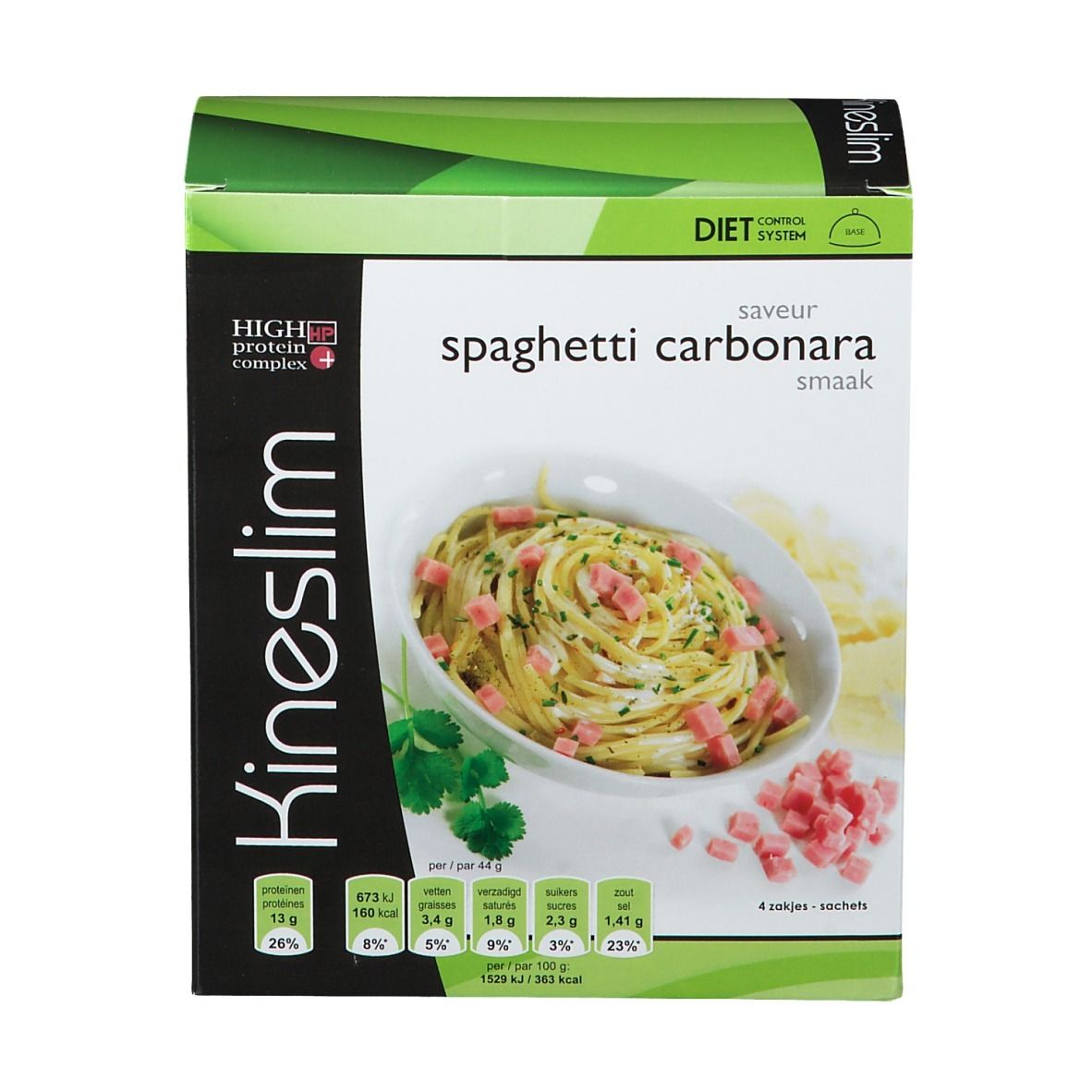 Boîte Kineslim Spaghetti Carbonara. Contient une image du produit et des informations nutritionnelles. 4 sachets.