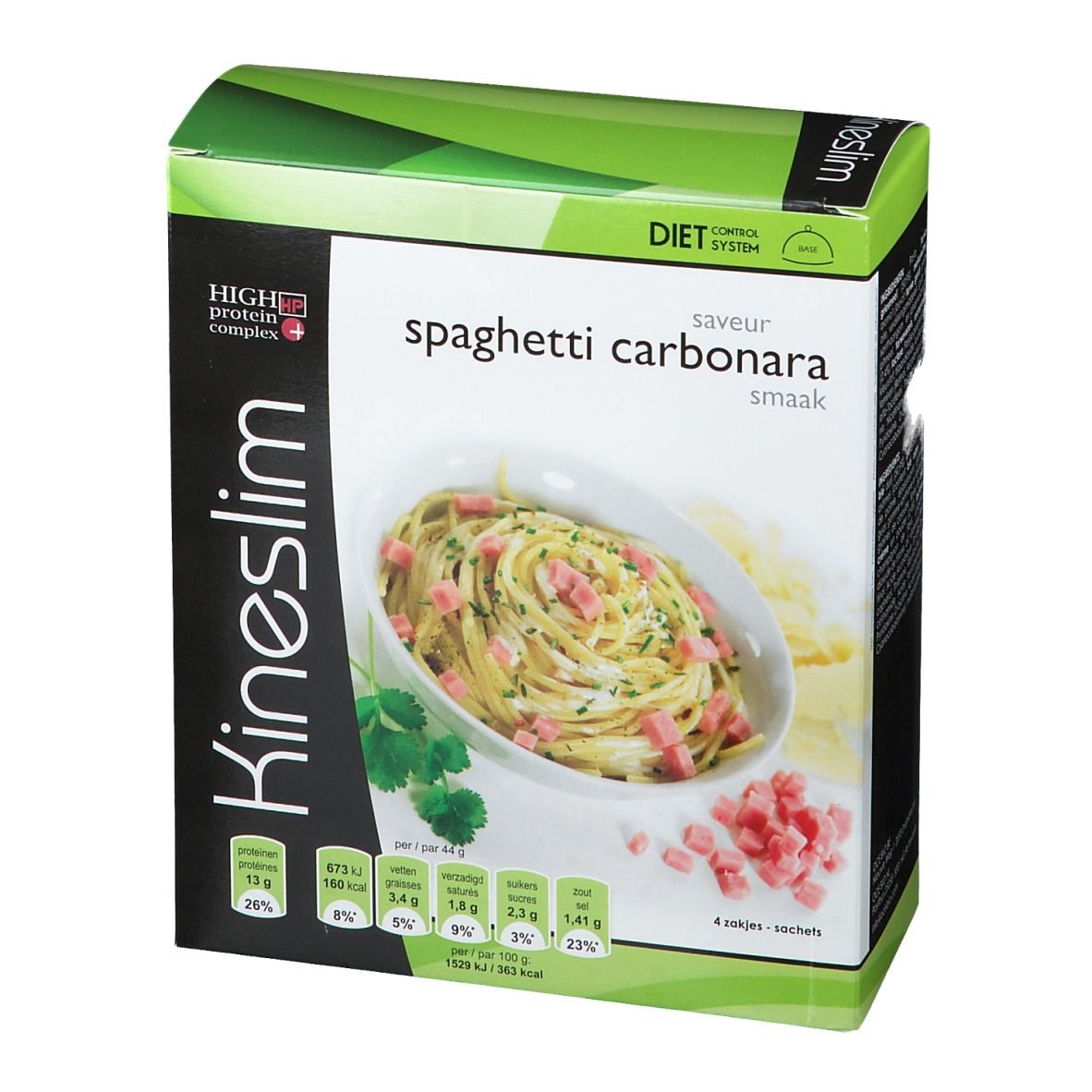 Boîte Kineslim Spaghetti Carbonara. Contient une image du produit et des informations nutritionnelles. 4 sachets.
