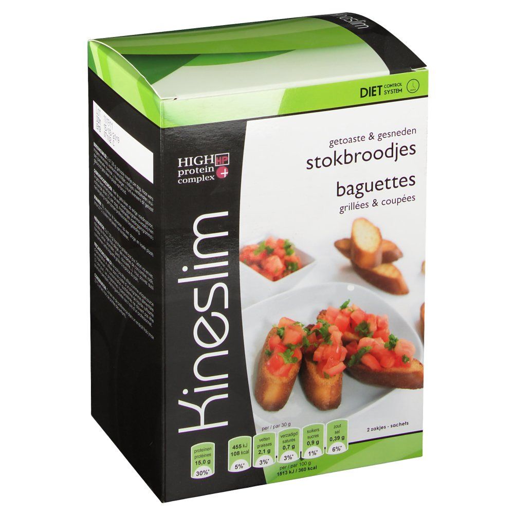 Boîte Kineslim Baguette Grillée & Coupée. Images de baguettes garnies de tomates. Informations nutritionnelles visibles.