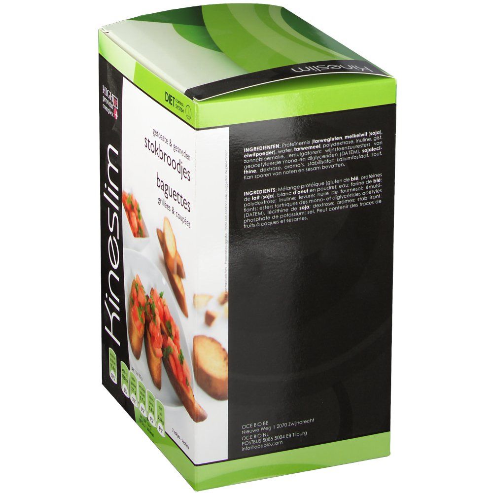 Vue latérale de la boîte Kineslim. Texte: Baguettes Grillée & Coupée. Liste des ingrédients et informations nutritionnelles.