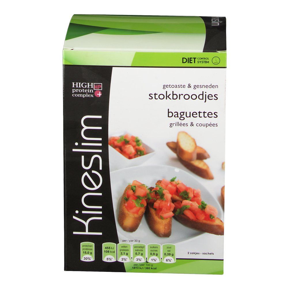 Boîte Kineslim Baguette Grillée & Coupée. Images de baguettes garnies de tomates. Informations nutritionnelles visibles.