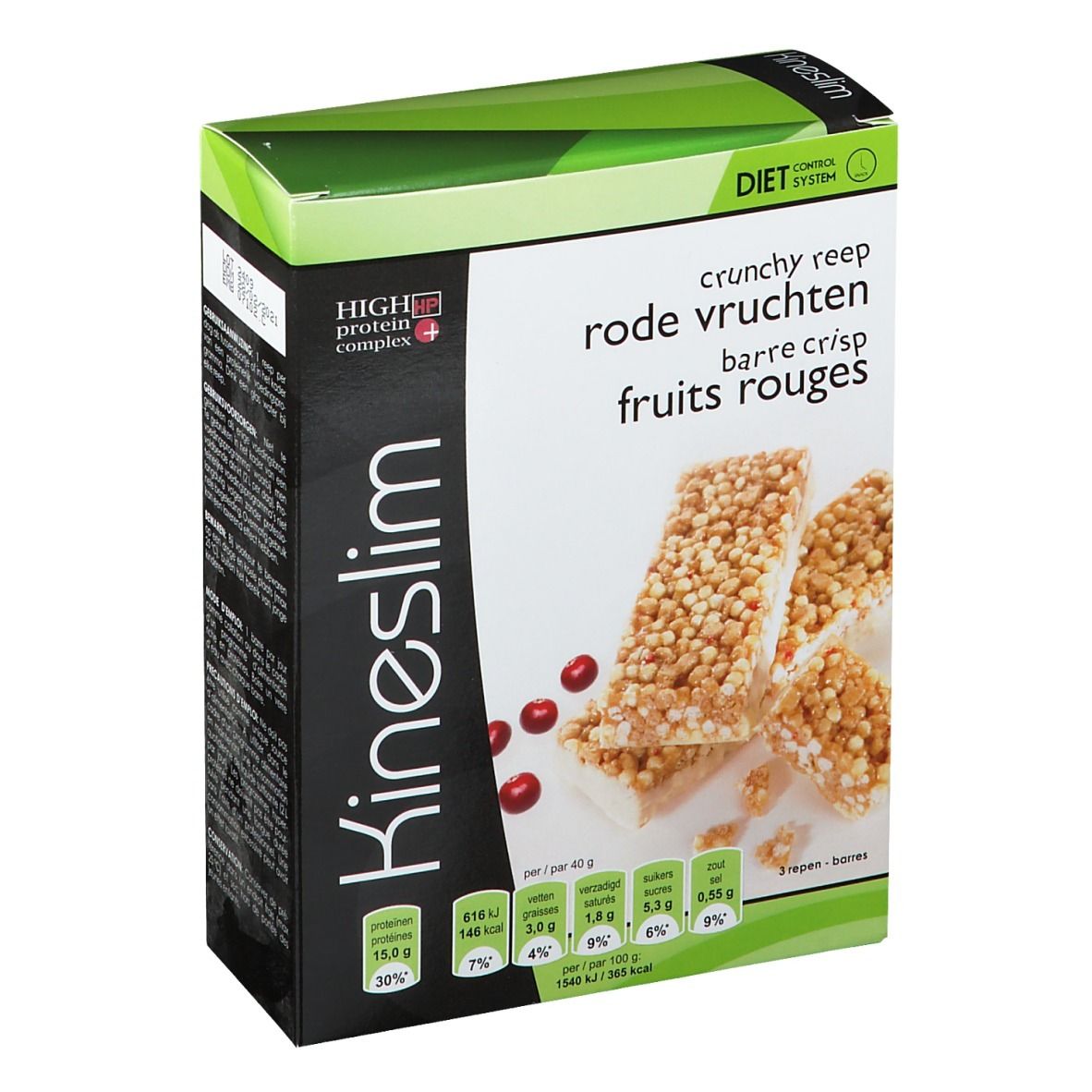 Boîte de Kineslim Crisp Barre Fruits Rouges. Barres, canneberges et informations nutritionnelles sont visibles.