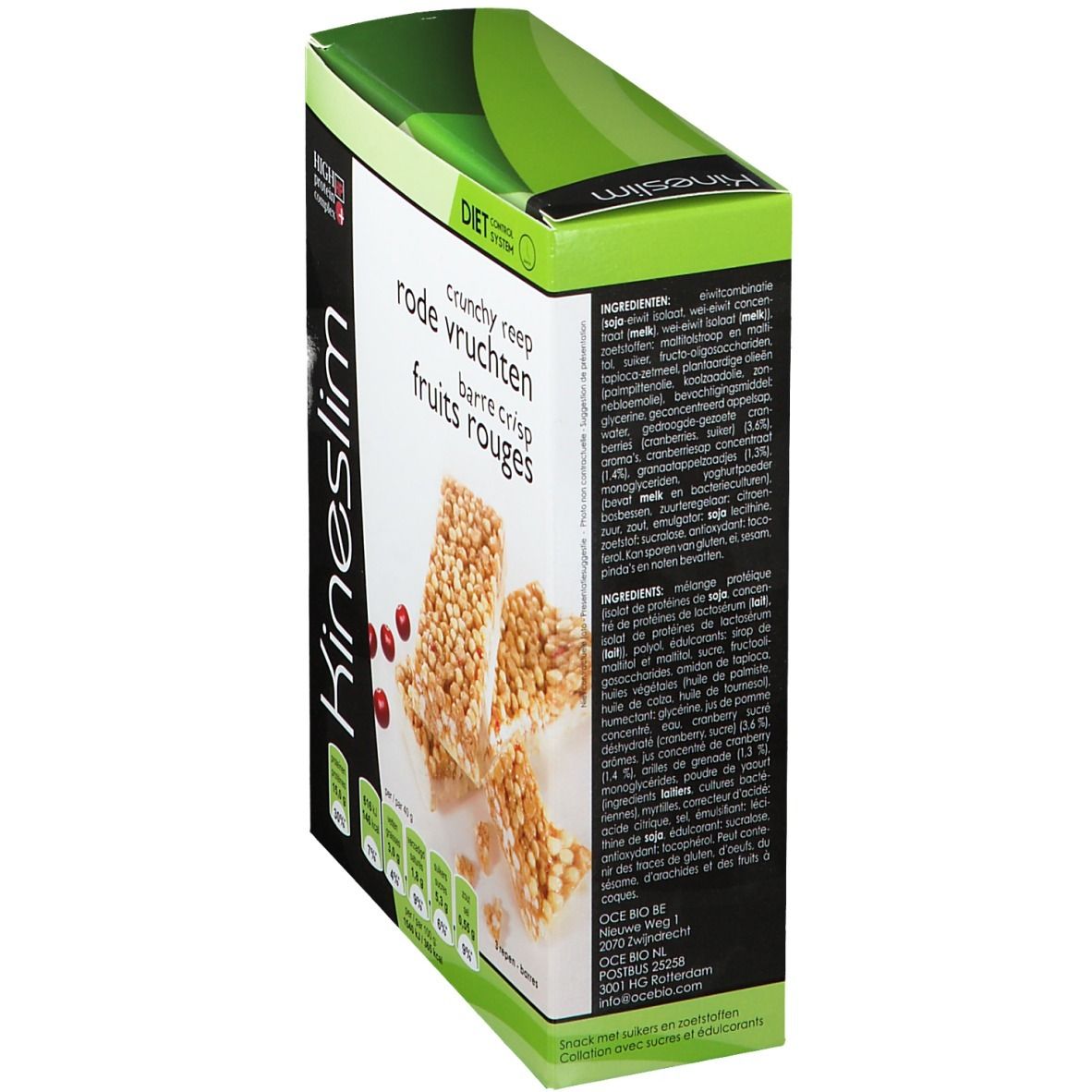 Boîte Kineslim Crisp Barre Fruits Rouges, vue latérale. Liste des ingrédients et nom du produit visibles.