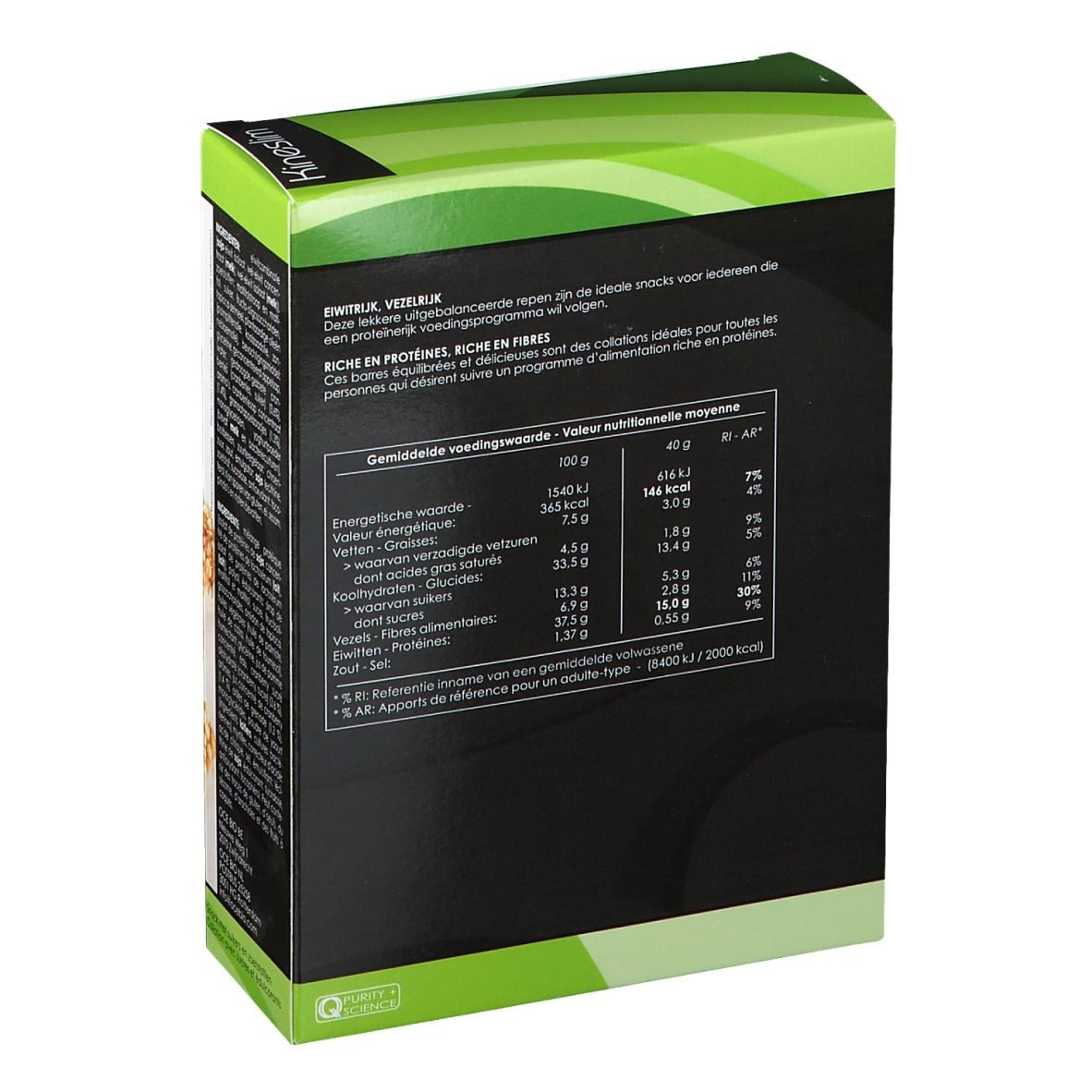 Dos de la boîte Kineslim Crisp Barre Fruits Rouges. Informations nutritionnelles et texte.