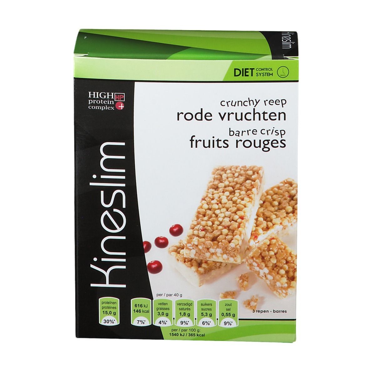 Boîte Kineslim Crisp Barre Fruits Rouges. Vue de face avec barres, canneberges et informations nutritionnelles.