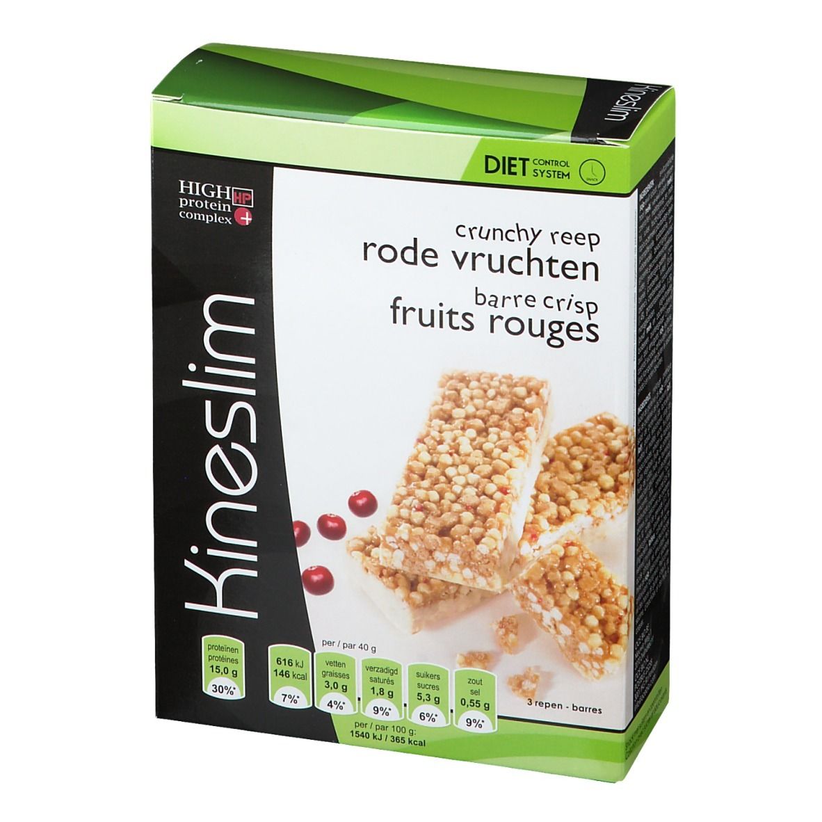 Boîte Kineslim Crisp Barre Fruits Rouges. Vue de face avec barres, canneberges et informations nutritionnelles.