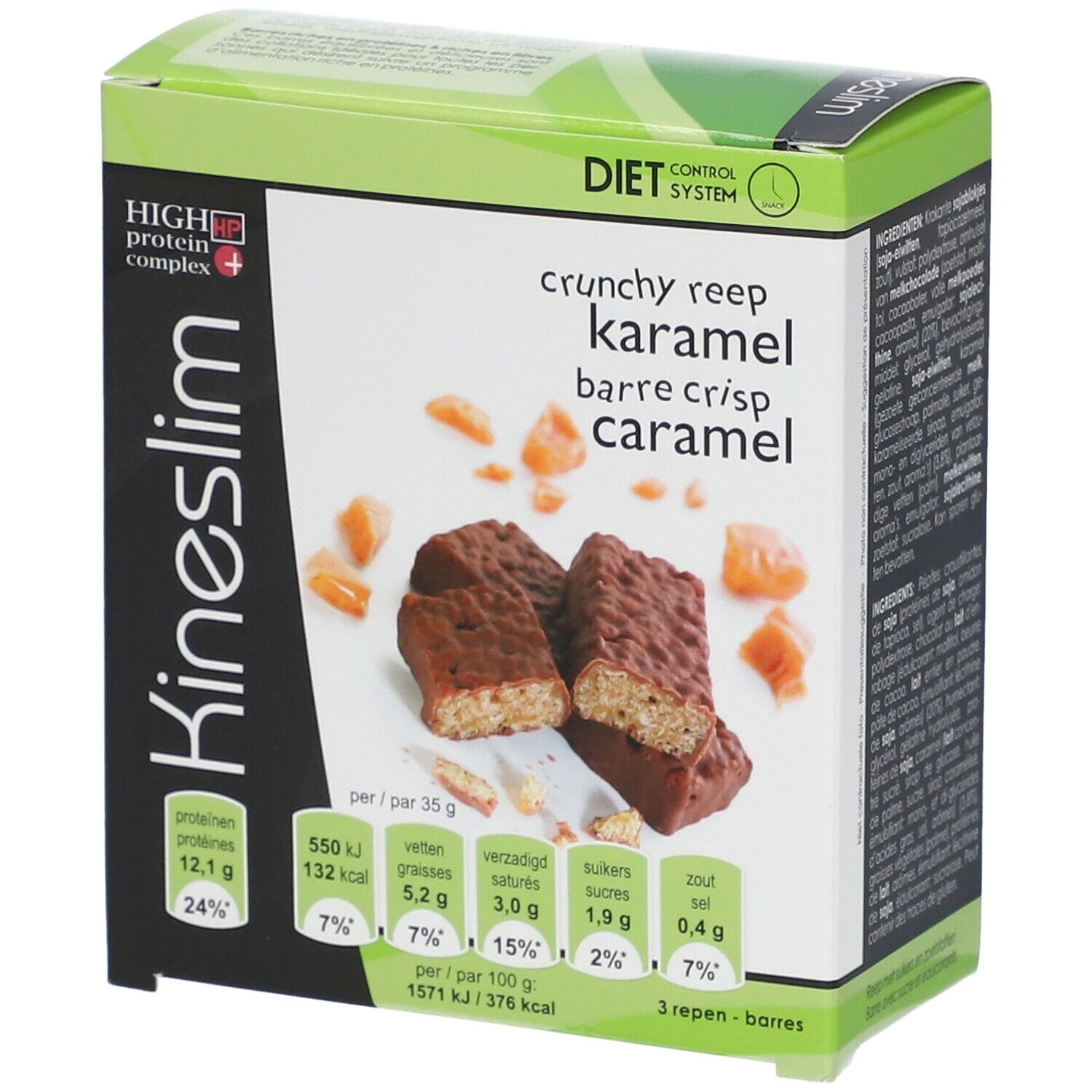 Boîte de barres Kineslim. Inscription : Crunchy Reep Karamel. Informations nutritionnelles et logo.