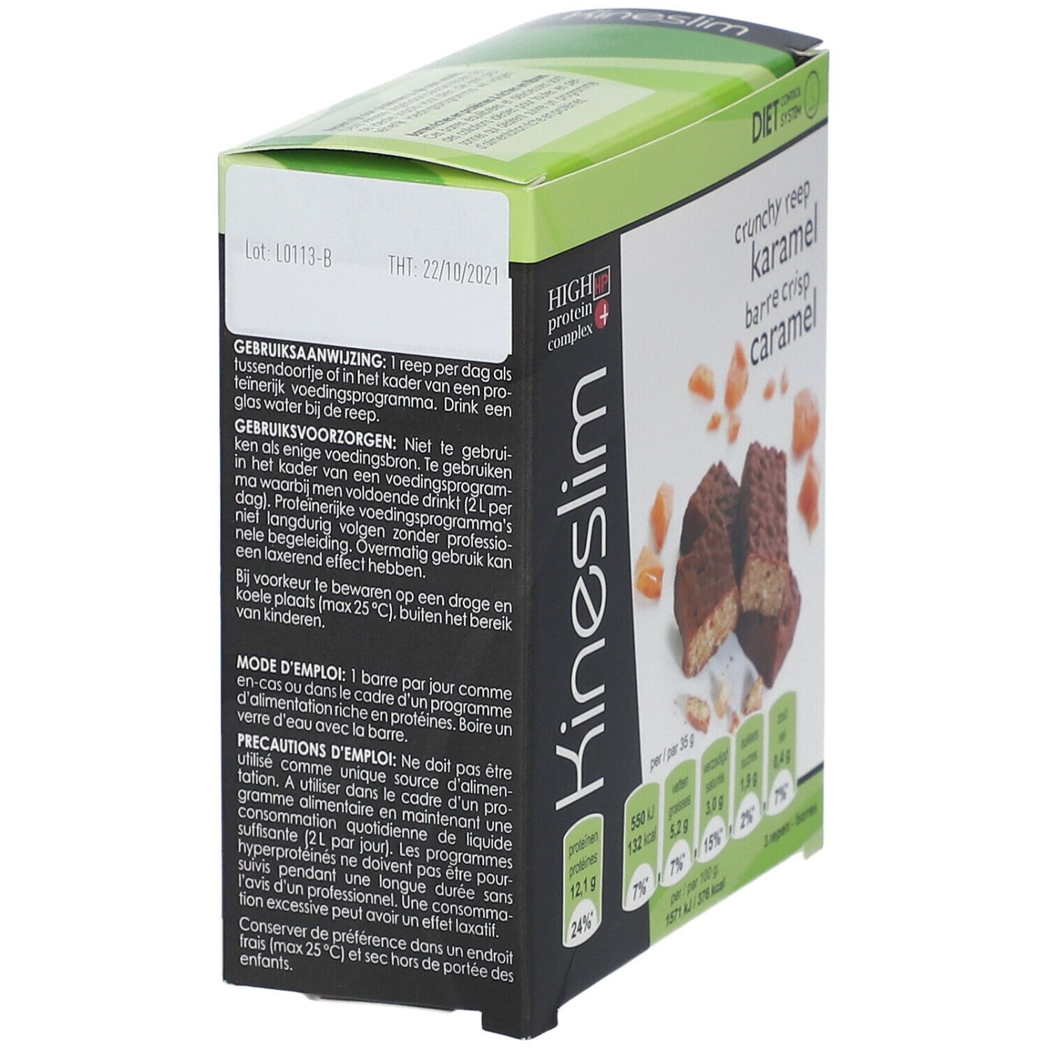 Boîte de barres Kineslim. Inscription : Crunchy Reep Karamel. Mode d'emploi et informations nutritionnelles.