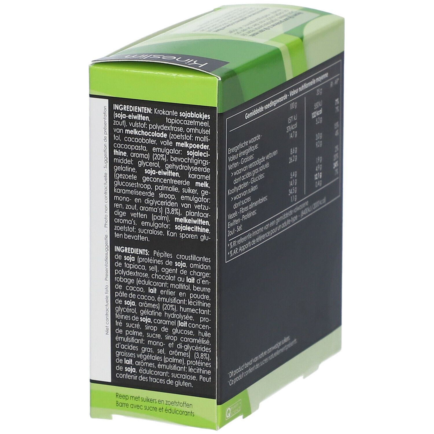 Boîte avec liste d'ingrédients. Inscription : Kineslim. Contient soja, lait et gluten. Informations nutritionnelles.
