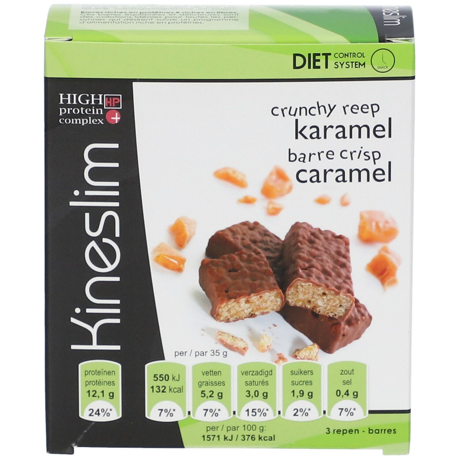Boîte de barres Kineslim. Inscription : Crunchy Reep Karamel. Informations nutritionnelles et logo.