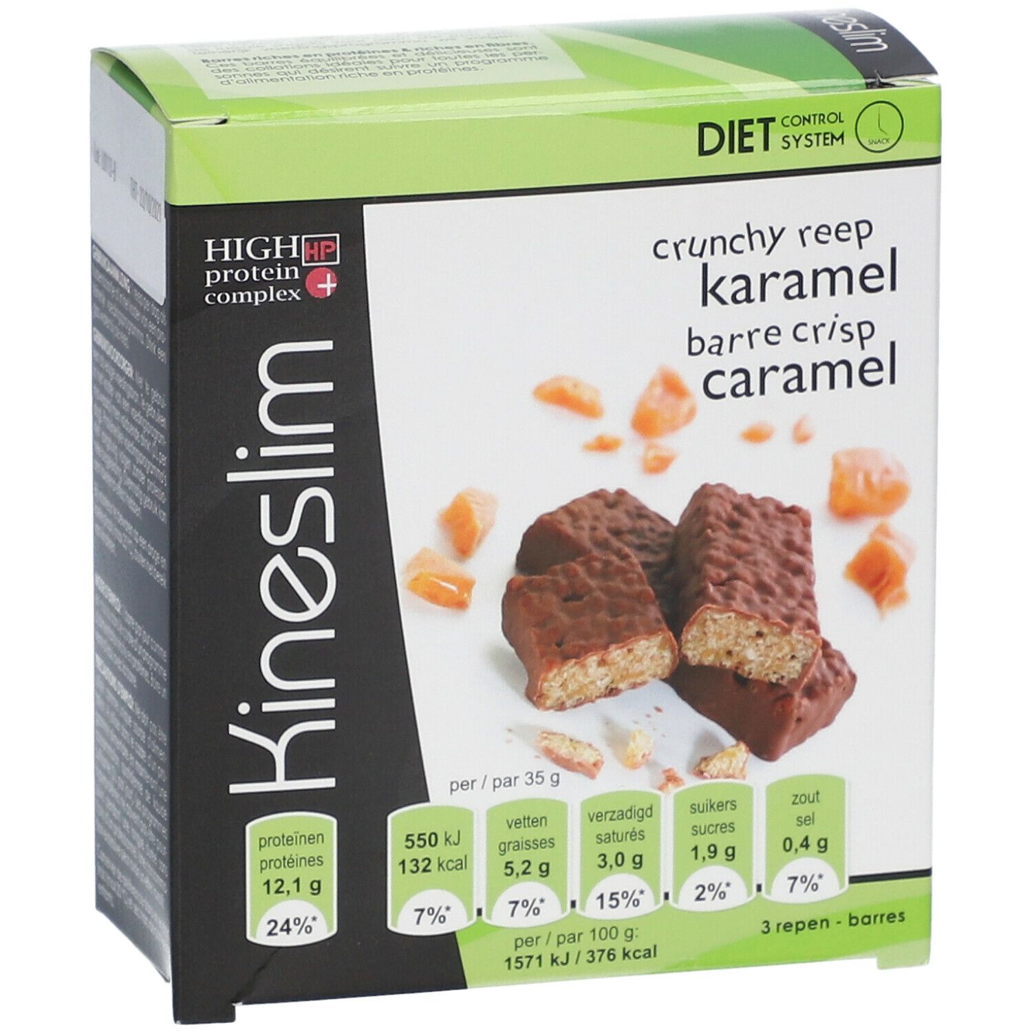 Boîte de barres Kineslim. Inscription : Crunchy Reep Karamel. Informations nutritionnelles et logo.