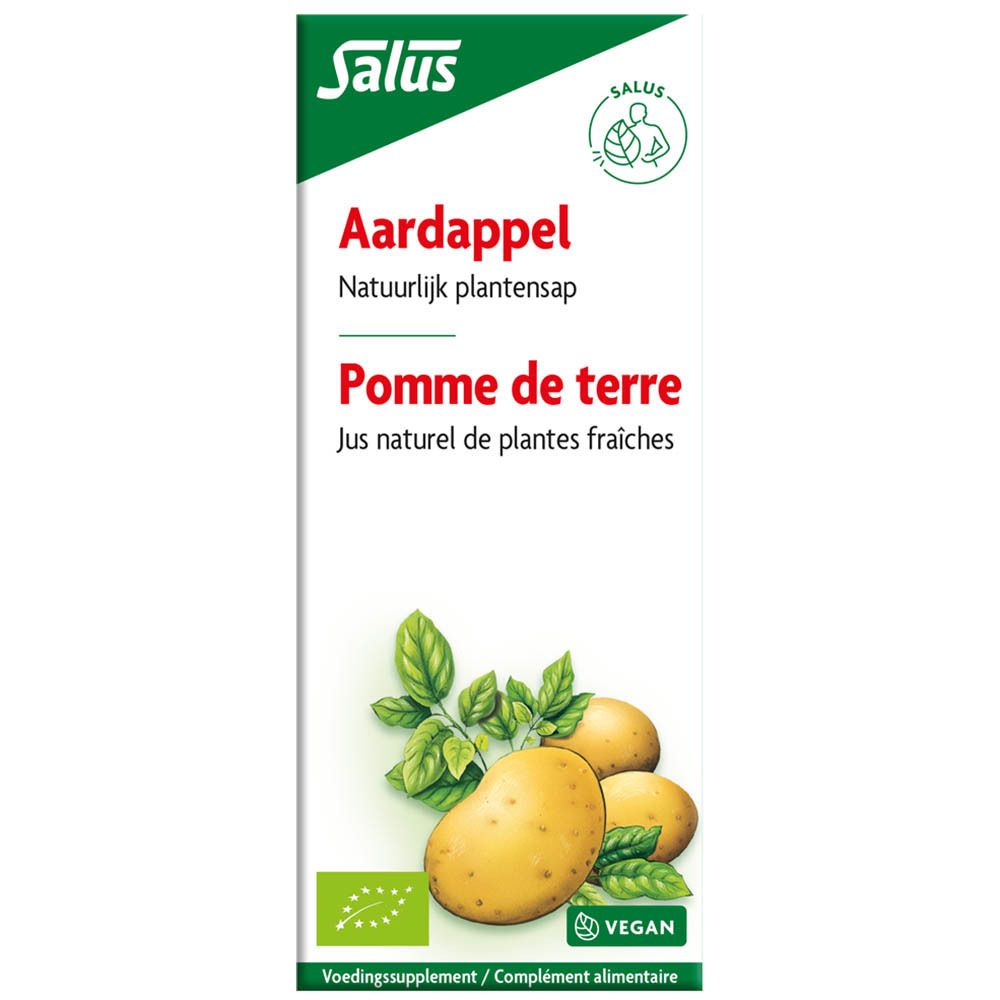 Emballage du produit avec pommes de terre, feuilles et texte. Logo Salus. Label vegan. Texte multilingue.