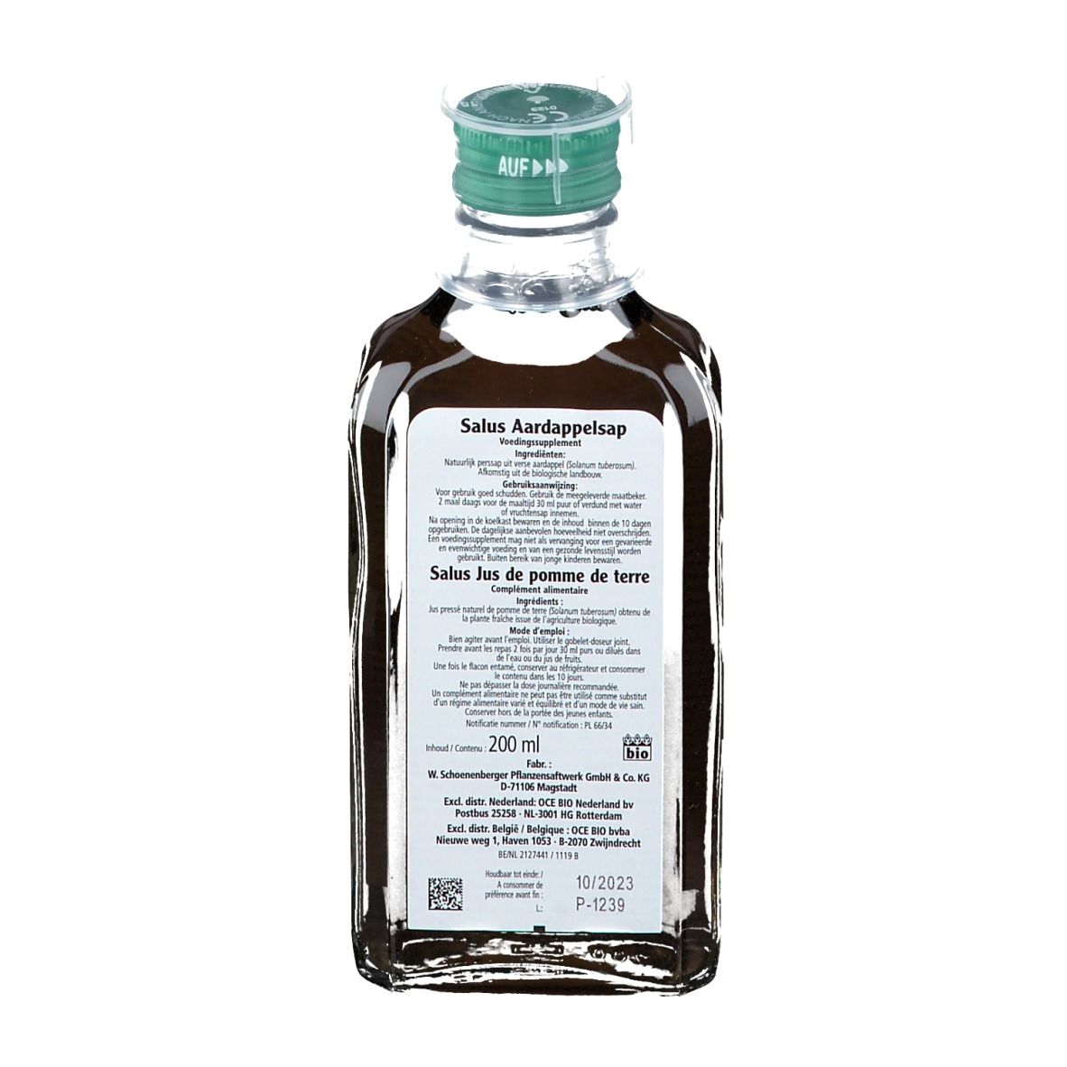Dos d'une bouteille en verre avec étiquette. Texte multilingue. Informations sur les ingrédients et la valeur nutritionnelle. 200 ml.