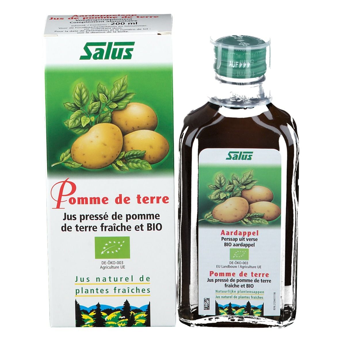 Emballage du produit avec bouteille. Pommes de terre, feuilles et texte sur l'emballage. Bouteille avec bouchon vert. Logo Salus.