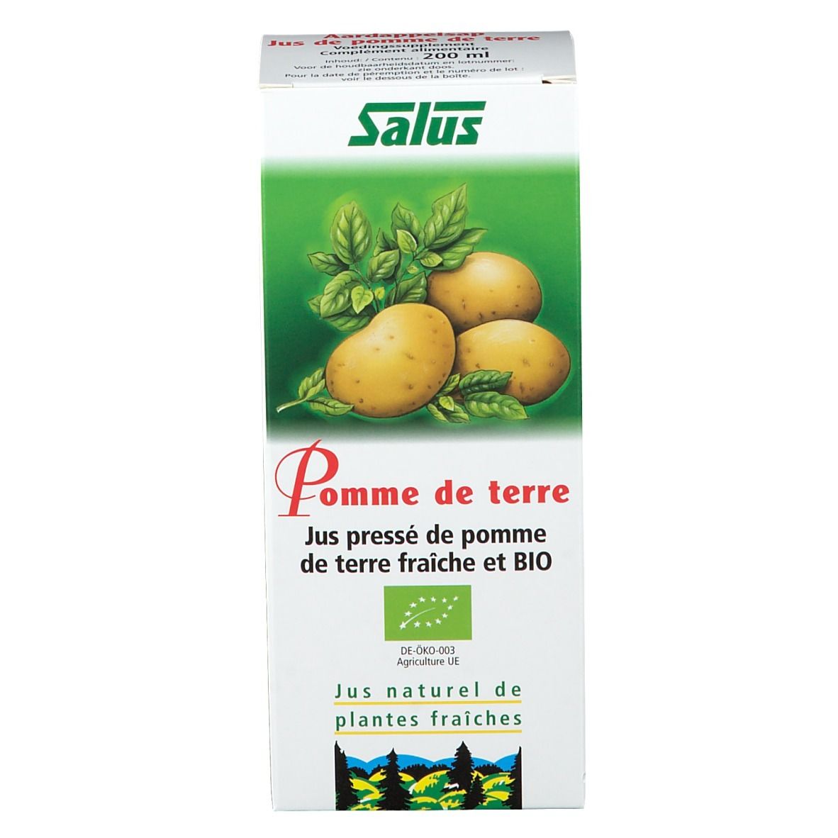 Emballage blanc avec pommes de terre, feuilles et texte. Logo Salus. Texte multilingue. Label bio.
