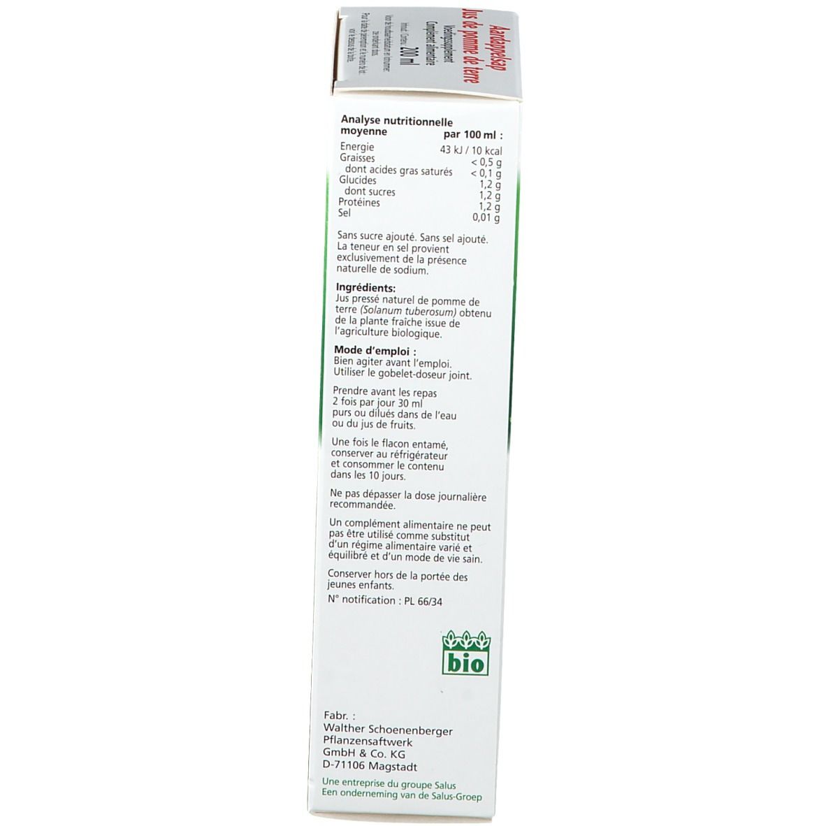 Vue latérale de l'emballage du produit. Texte avec informations nutritionnelles et ingrédients. Label bio. Mode d'emploi.
