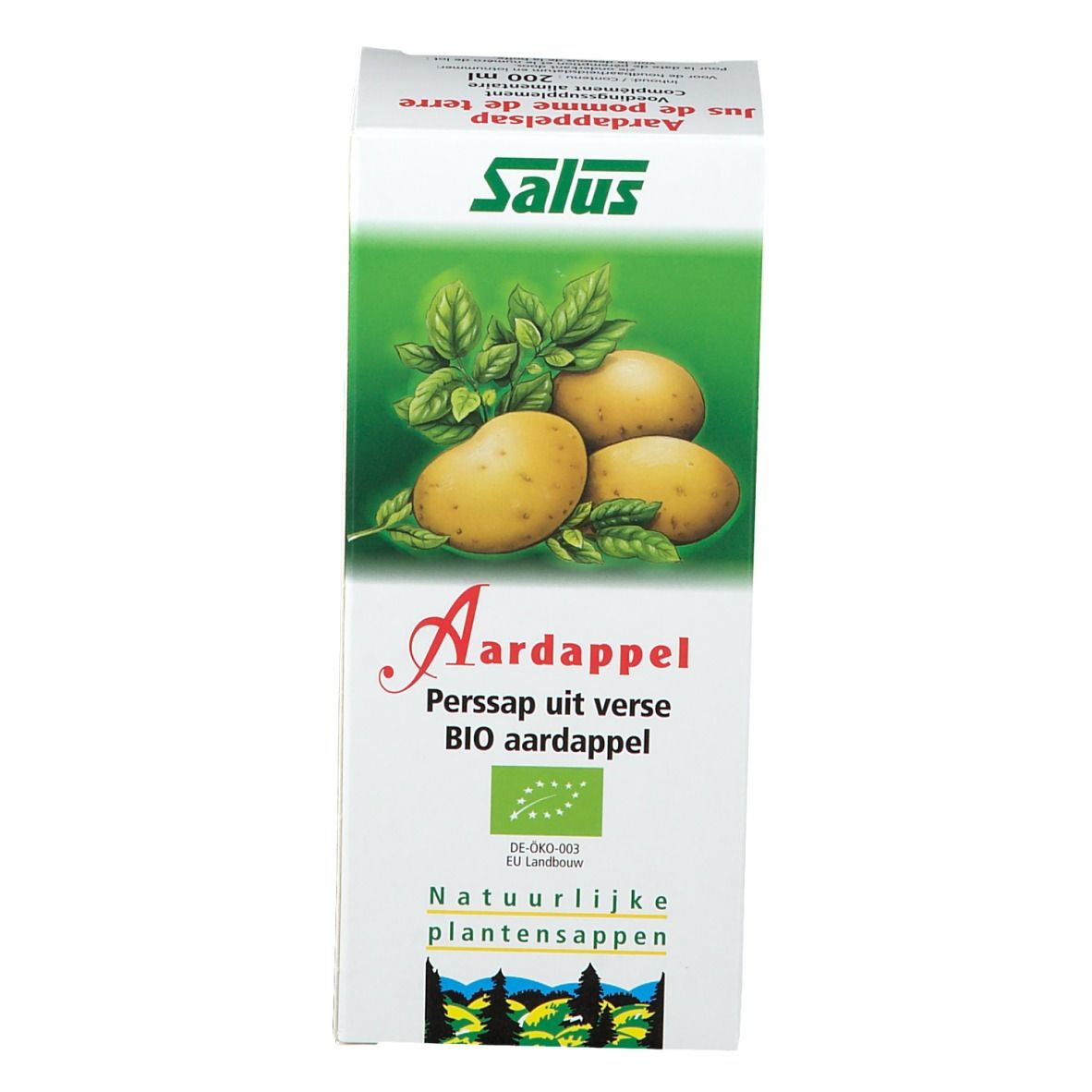 Emballage du produit avec pommes de terre, feuilles et texte. Logo Salus. Texte multilingue. Label bio.