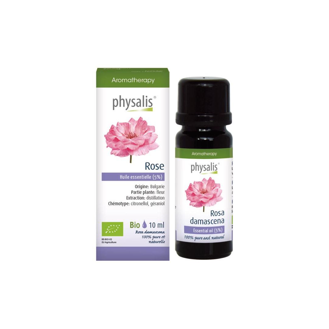 Emballage produit avec flacon. Inscription : Rose, Huile essentielle (5%), 10 ml, label Bio.