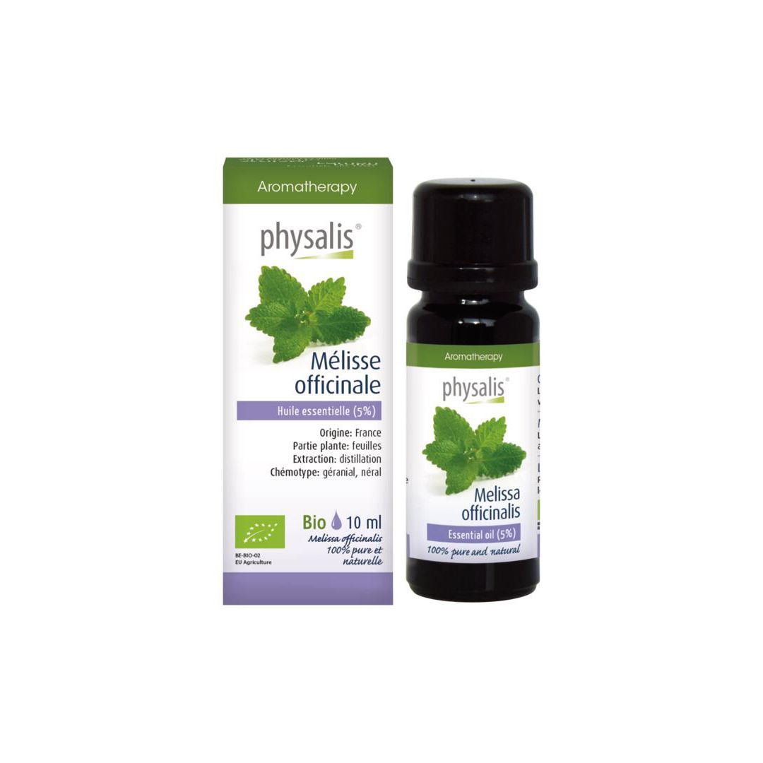 Emballage du produit avec flacon. Inscription: Physalis, Mélisse officinale, Huile essentielle (5%), Bio, 10 ml. Avec label bio.