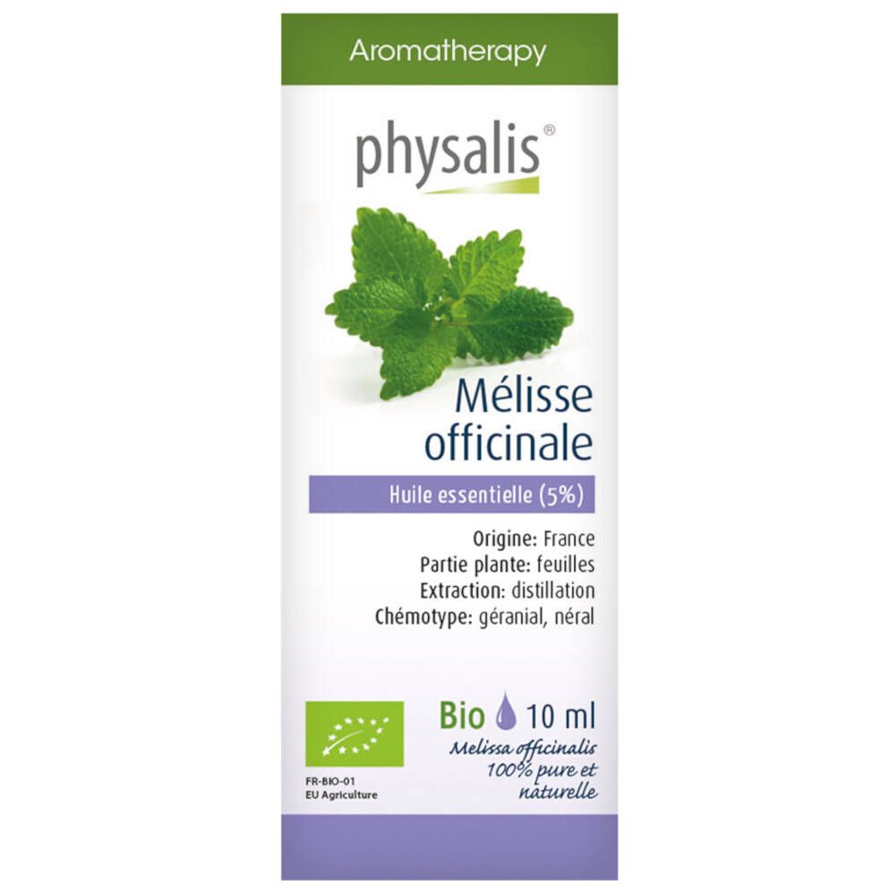 Flacon avec étiquette verte. Inscription: Physalis, Mélisse officinale, Huile essentielle (5%), Bio. Avec label bio et 10 ml.
