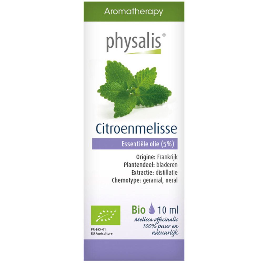 Flacon avec étiquette verte. Inscription: Physalis, Citronnelle, Huile essentielle (5%), Bio. Avec label bio et 10 ml.