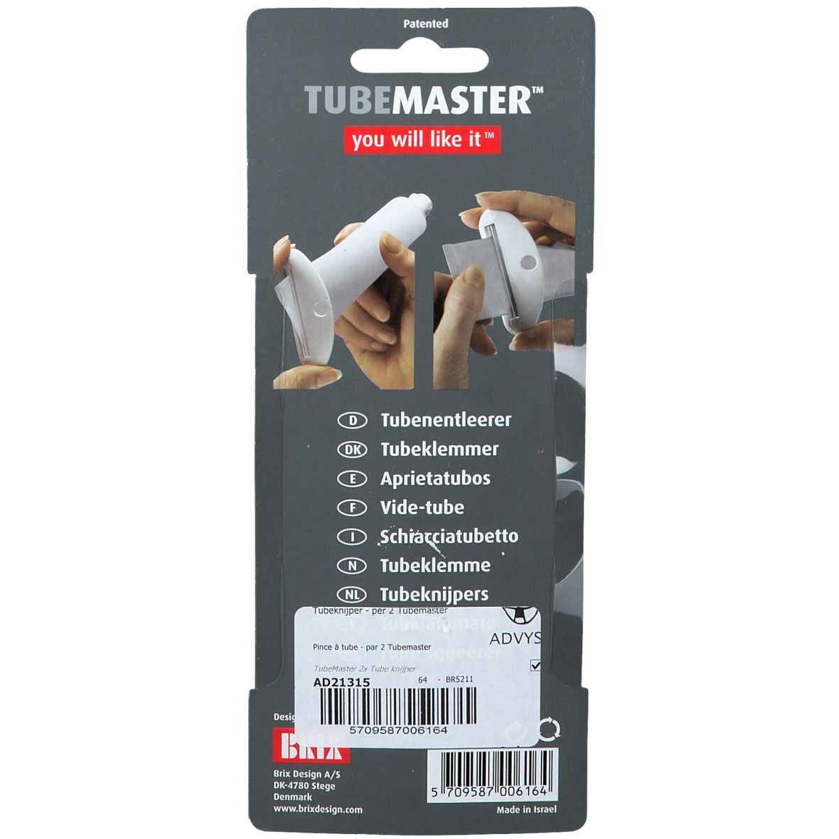 Dos de la carte blister avec TUBEMASTER™. Nom du produit et instructions d'utilisation.