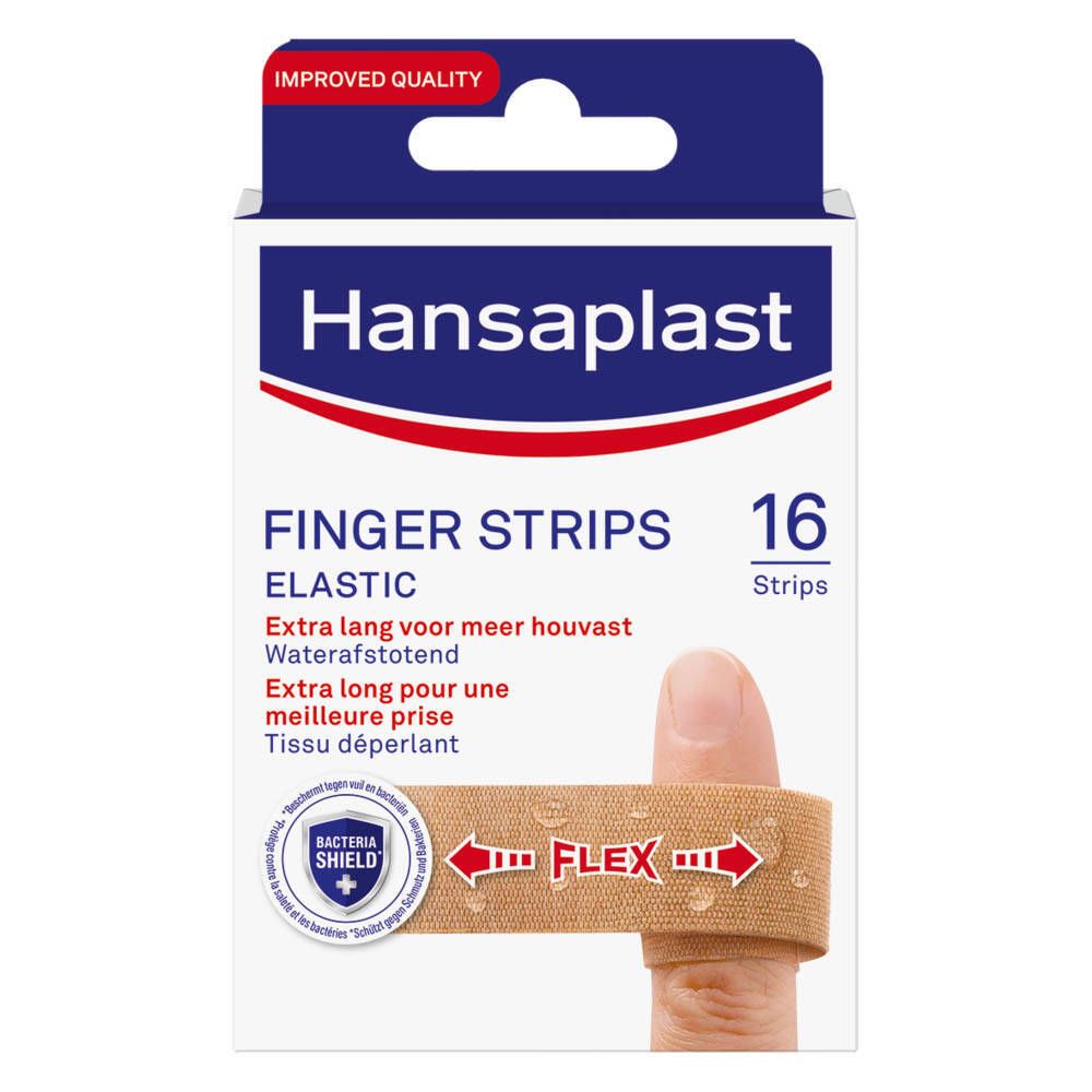 Boîte de pansements Hansaplast Finger Strips. 16 pièces. Pansement appliqué sur un doigt.