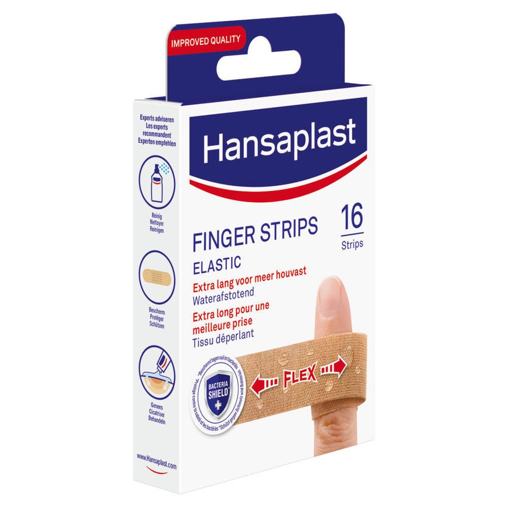 Verpakking Hansaplast Finger Strips pleisters. 16 stuks. Pleister op vinger aangebracht.