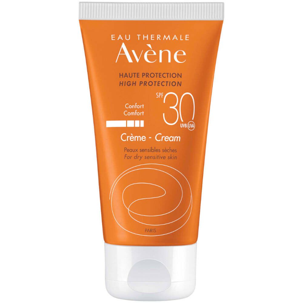 Oranje tube met witte dop. Opschrift: Eau Thermale Avène, SPF 30, Crème-Cream. Voor droge, gevoelige huid.