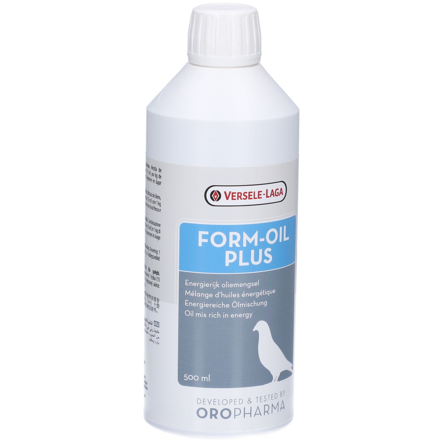 Weiße Flasche mit blauem Etikett. Aufschrift: FORM-OIL PLUS. Marke: Versele-Laga. 500 ml. Mit Tauben-Silhouette.